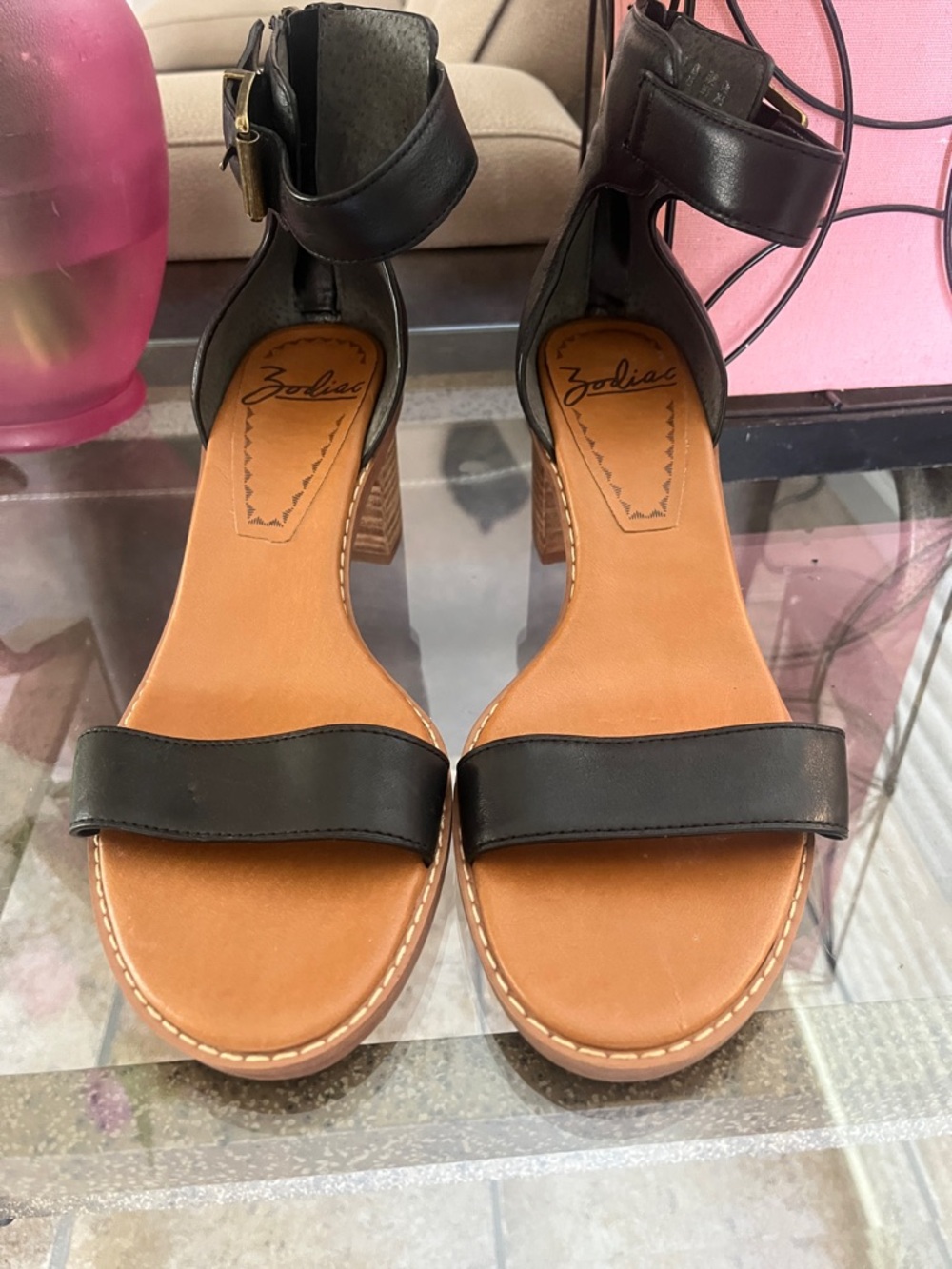 Zodiac Black Leather Ankle-Strap Sandals with Tan Footbed